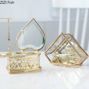 

Transparent Glass Jewelry Storage Box Metal Frame Jewelry Cosmetic Storage Box Jewelry Display Box Home Storage Tool