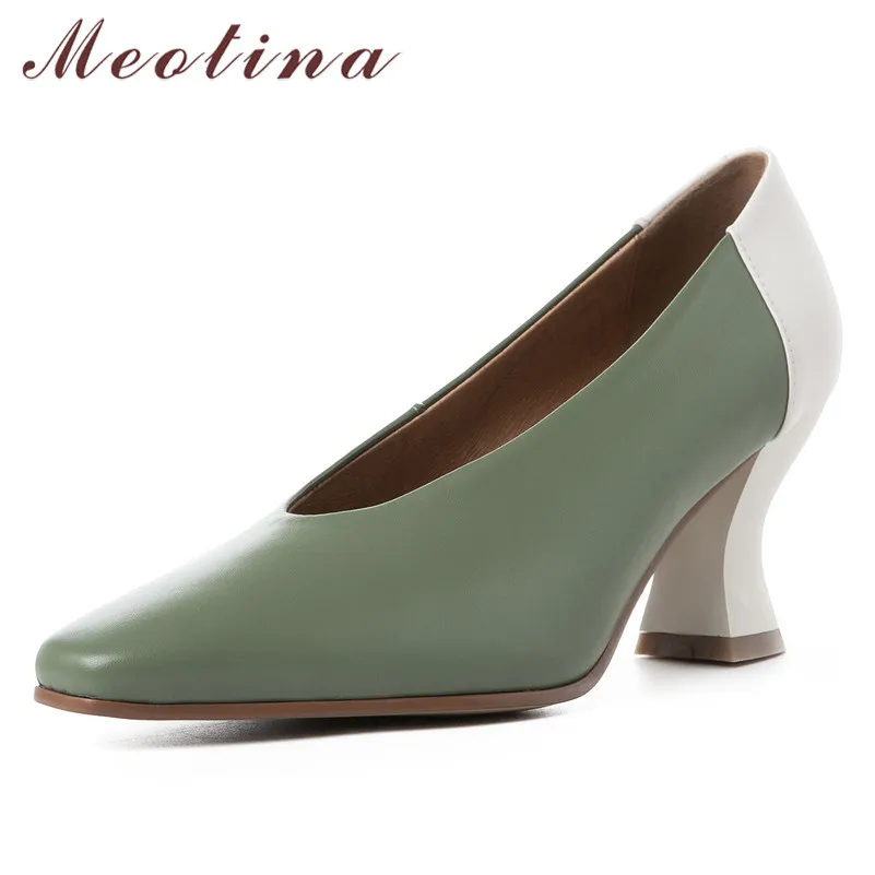 

Meotina High Heels Women Pumps Natural Genuine Leather Strange Style High Heel Glove Shoes Real Leather Square Toe Shoes Lady 39