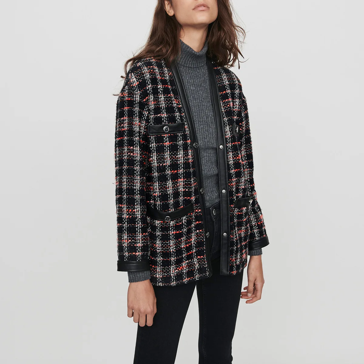 

Autumn 2019 New Woven Woolen Twig Small Fragrance Coat Short Style Retro Lattice V-Neck Plaid Single Breasted Jacket Women