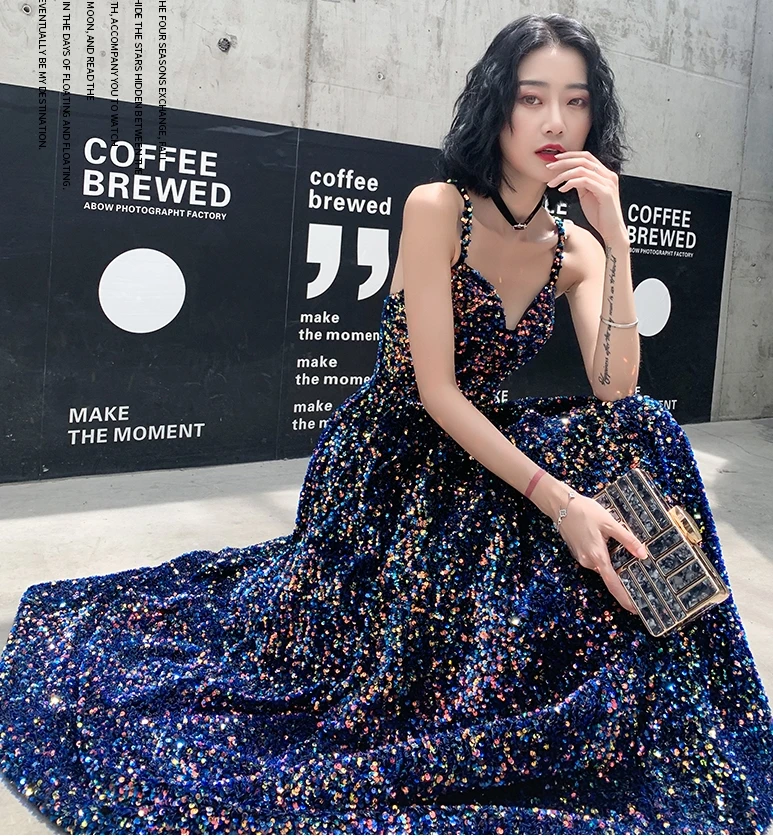 picture color Черные сверкающие платья для выпускного вечера Дубай Длинные ремни Милая Арабский вечернее платье золотые блестки торжественное платье - Цвет: picture color