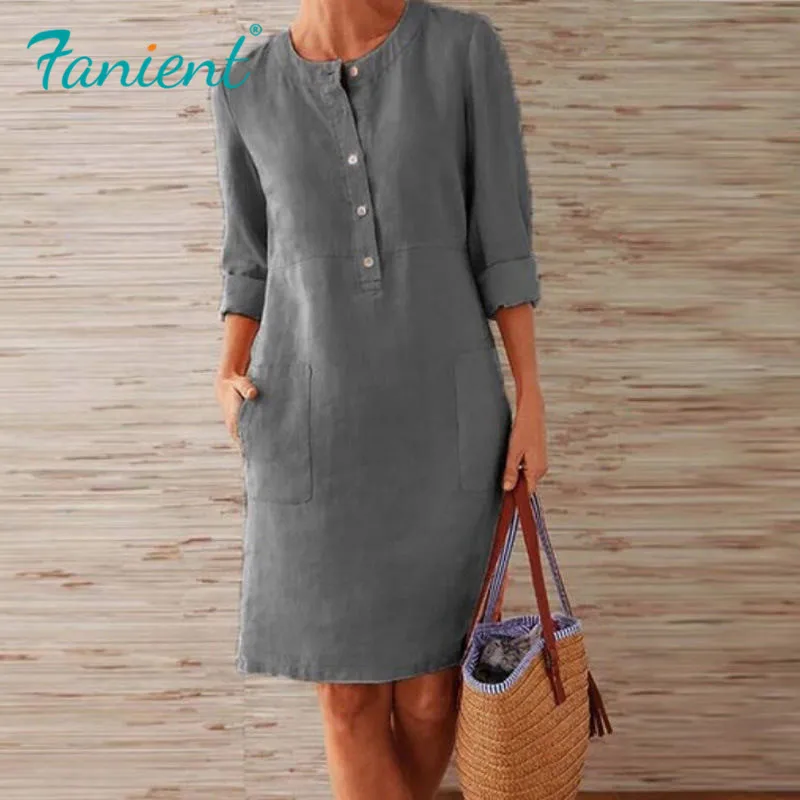 Однотонное льняное платье для женщин украшенное пуговицами винтажное