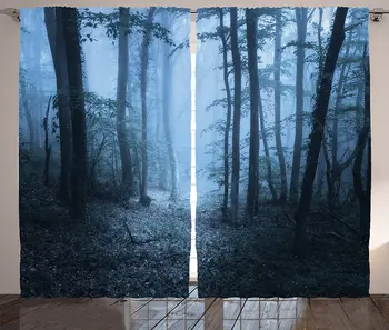 

Forest Curtains Mysterious Forest Foggy Spooky Atmosphere Wet Humid Fantasy Nature Scene Living Room Bedroom Window Drapes Blue
