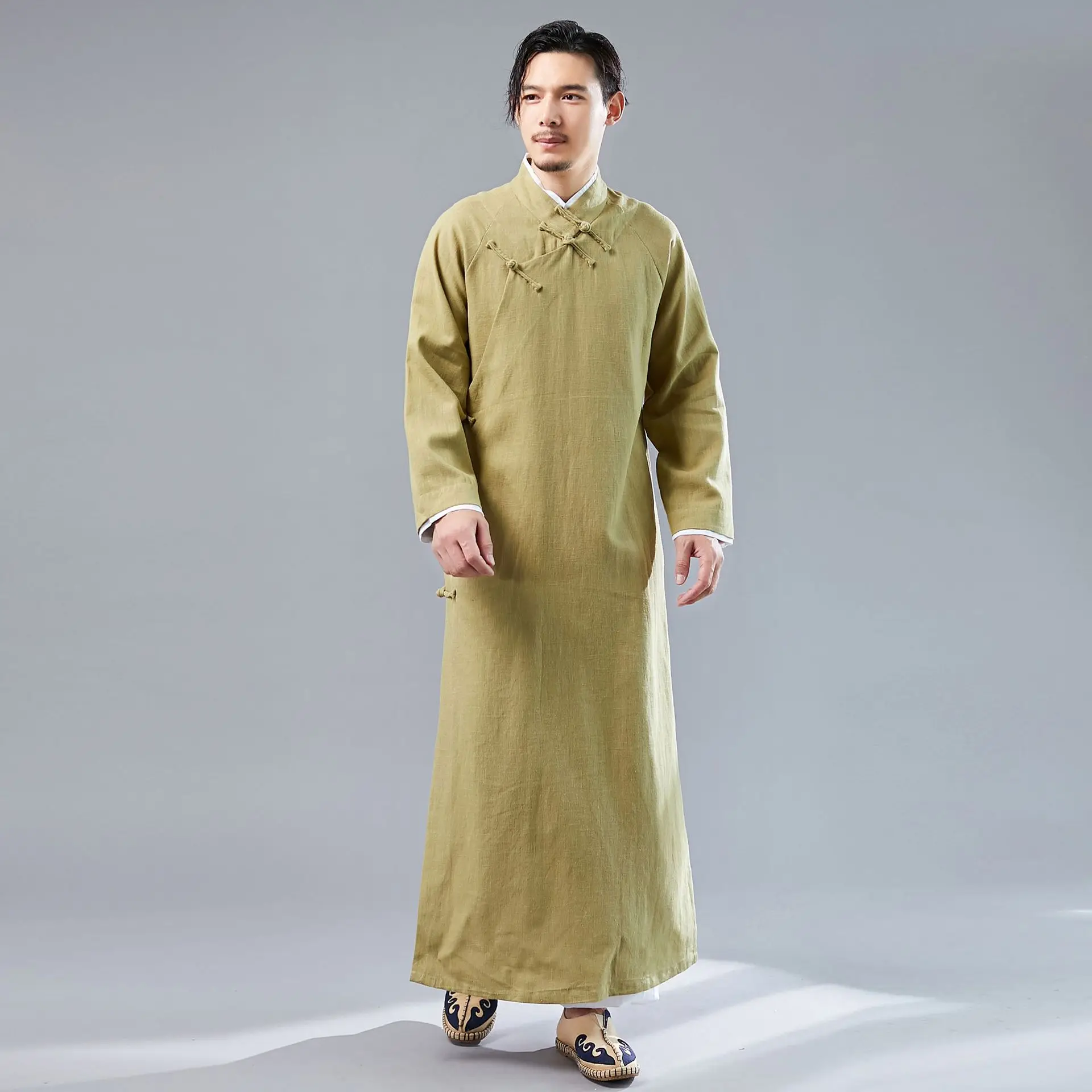 Китайская традиционная Мужская рубашка из хлопка и льна Hanfu длинное платье Qipao Мужской винтажный костюм Тан Восточный Костюм