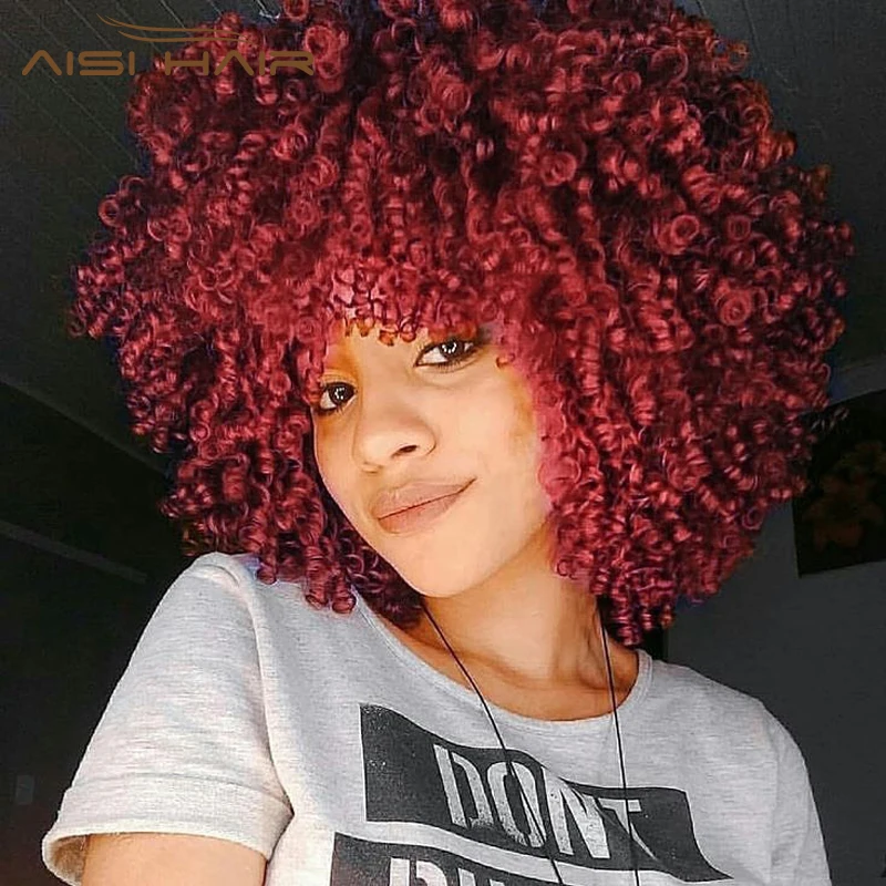 

AISI HAIR 14inches Afro Kinky Curly Wig Red Wig With Bangs Heat Resistant Fiber Synthetic Wigs for Black Women Cosplay Women