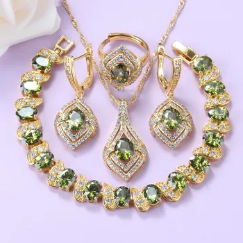 

11.11 Sale Olive Green Cubic Zirconia Gold-Plated Jewelry Sets African For Women Necklace And Bracelet Sets