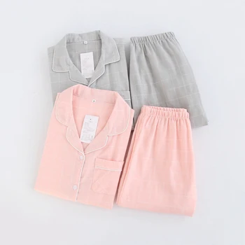 

Women's Lattice Pockets Streak Pajamas Set Autumn Single Breasted Women Homewear Fashion Casual Washed Cotton Female Pajama