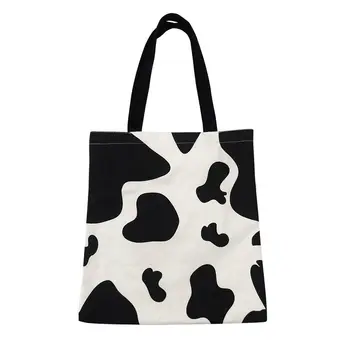 

Women Shoulder Bag Milk Cow Pattern Fashion Cute Chic Korean Ladies Reusable Shopping Large Capacity Student Book Canvas Handbag