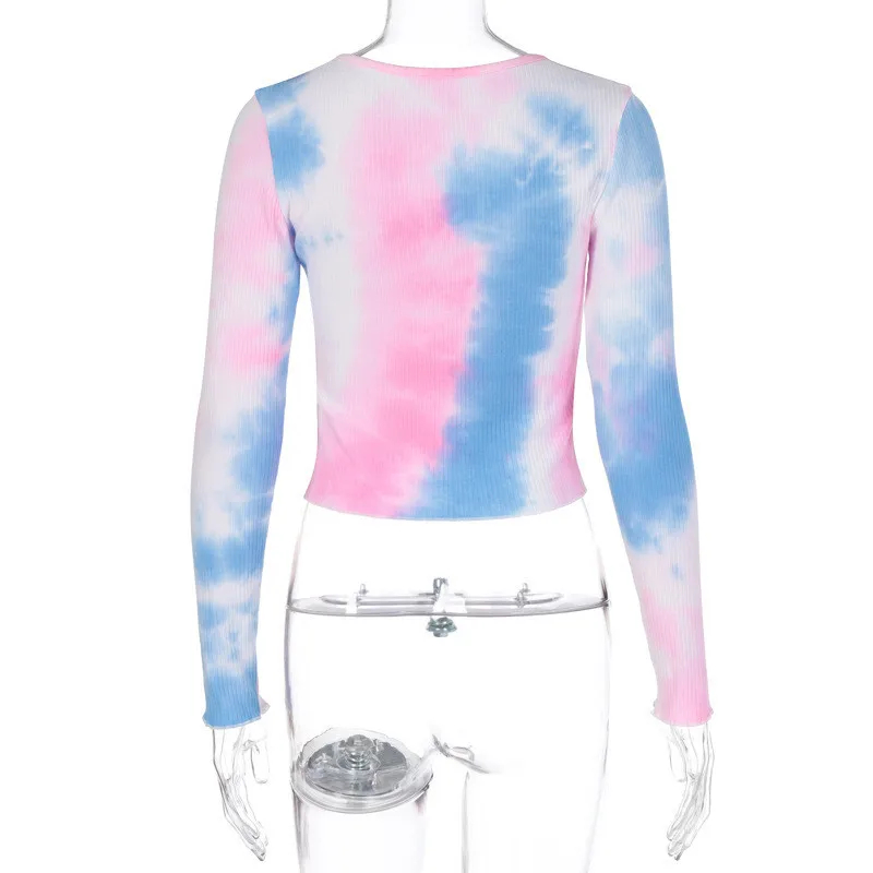 Harajuku Style Women's Tie-dye Cardigan Long-sleeved V-neck Short T-shirt Button Placket Sexy Crop Top Party Wear Street Wear