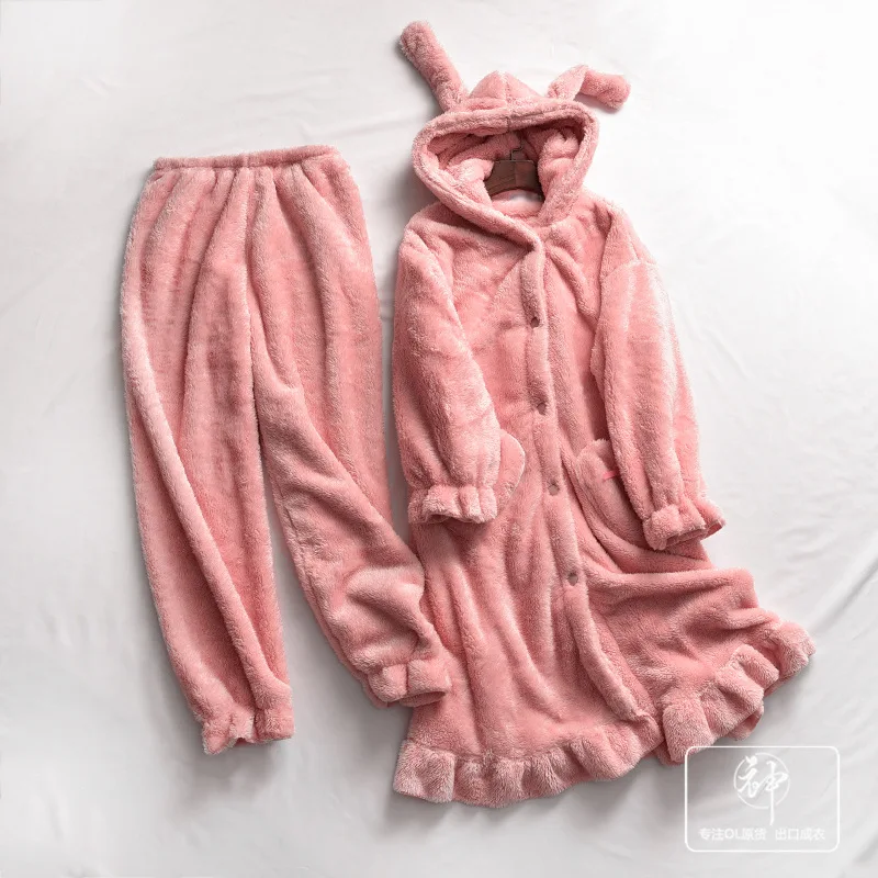 

One's 2019 Comfortable Pajamas Women's Cute And Furry Coral Velvet Long Homewear Set Entity