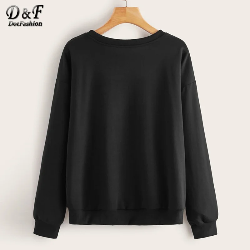 Dotfashion/Женская толстовка с черным галстуком и принтом спереди; коллекция года; сезон осень; толстовки с открытыми плечами; женская Повседневная Толстовка в стиле пэчворк
