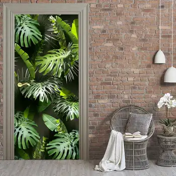

Hot Door Mural Modern Tropical Leaf Wall Door Sticker DIY Self-adhesive Waterproof Wallpaper Poste for Home Decoration Gift