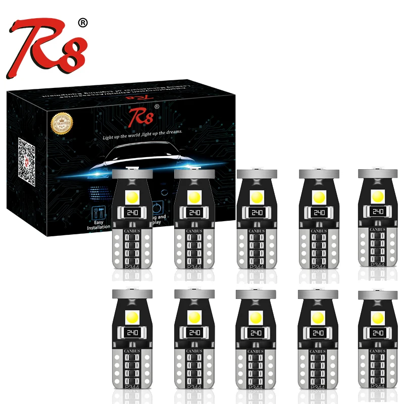 

R8 10PCS LED T10 194 168 W5W 3SMD 3030 LED Parking Bulb Auto Wedge Clearance Lamp CANBUS Bright White License Reading Light Bulb