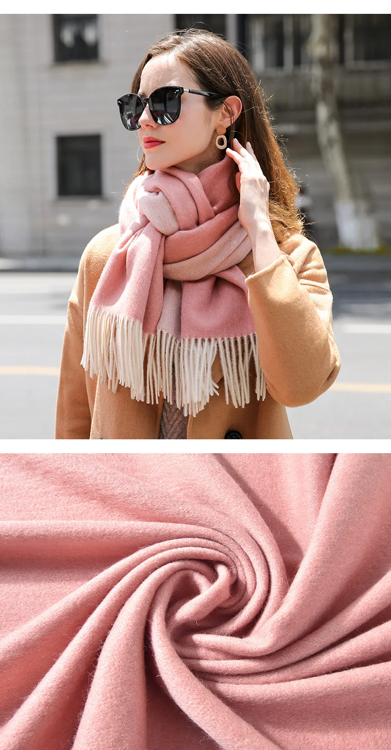 Двусторонний шарф из натуральной шерсти, Женский брендовый тёплый платок, женский шарф, Женский однотонный шарф 305 г, зимние розовые кашемировые шарфы