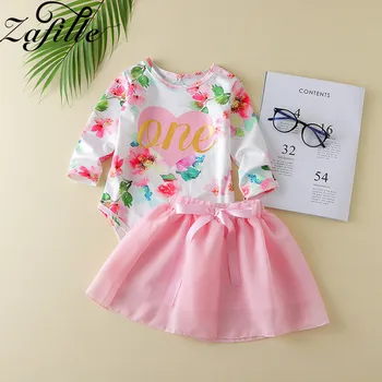 

ZAFILLE Summer Girls Clothes Long Sleeve Toddler Baby Sets 2Pcs Letter Printed Romper+ Solid Skirt Outfits Baby Girl Clothes