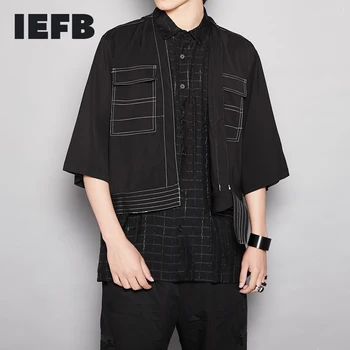 

IEFB /men's wear personality color block patchwork fake two pieces half sleeve black shirt for male 2020 summer new tops 9Y2039