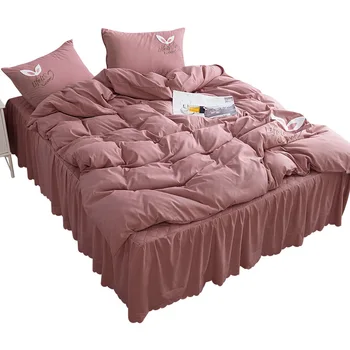 

New style solid color padded bed skirt 4-piece bedding set cartoon embroidered textile kit wholesale 1.8m Simmons bedspread