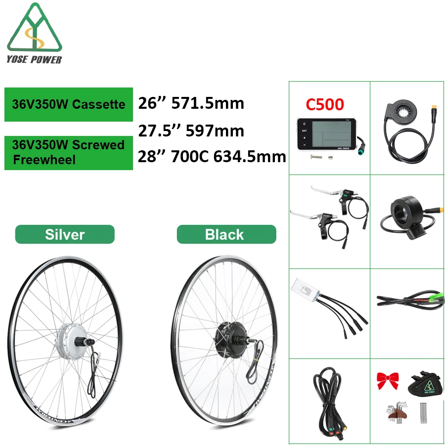YOSE POWER Ebike Conversion Kit 36V 350W 26'' 27.5'' 28'' 700C Rear Hub