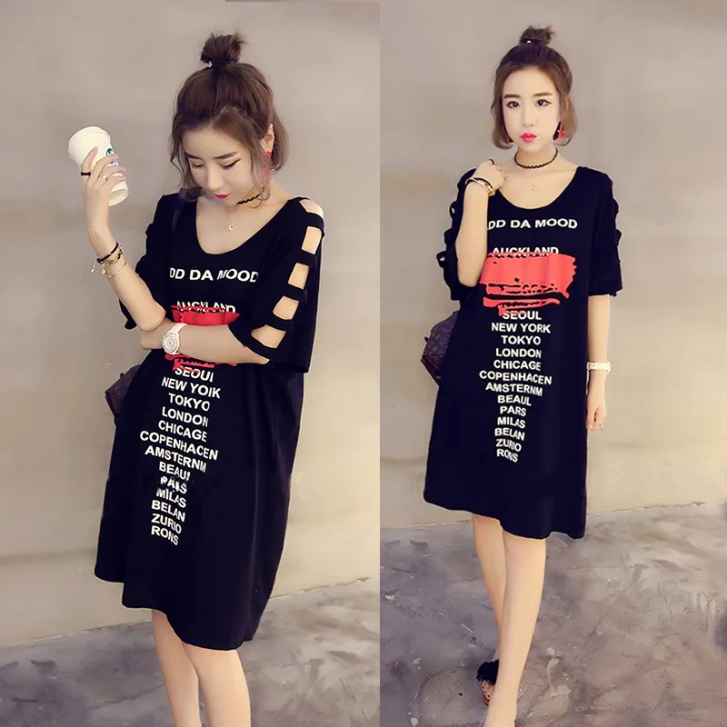 

Dress Summer Leakage Shoulder Exposed Back Printing Short-sleeved T-shirt Women's Crew Neck Mid-length Fat Mm 200