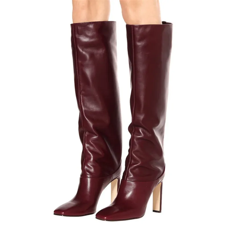 Claret has buckle Fashion Boots Women Elegant Square Toe Slim Knee High Slip On Bottes Concise Solid Chunky Square High Heel Boots Woman 43 - Color: Claret has buckle