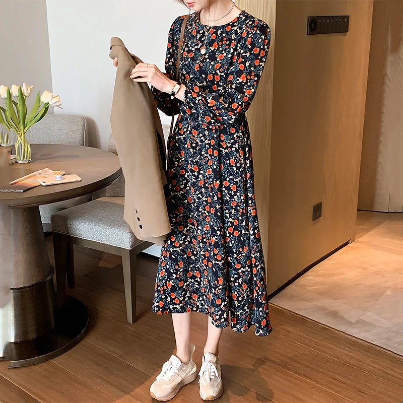

Fashion floral dress female spring autumn dress 2020 new waist slimming French retro platycodon first bottoming long dress s20