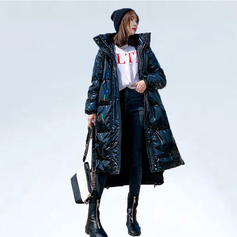 

2019 Winter Glossy Down Parka Women's Warm White Duck Down Jacket Coat Female Long Warm Thick Down Coats Personality Couple Coat