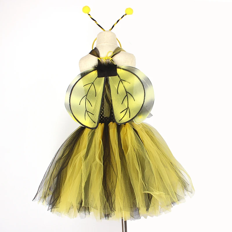 Children Bumble Bee Costume Set Girls Tutu Wings & Headband Yellow Black Kids Fancy Dress Halloween Dress Up Party Clothes (11)