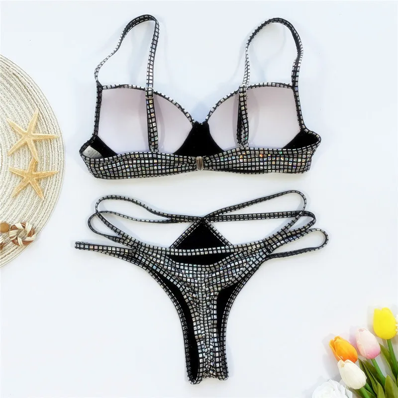 Women High Waist Shiny Bikini Sexy Push Up Swimsuit Black Bandage 2 Piece Bikinis Set Ladies White Swimming Suit for Female NEW Women High Waist Shiny Bikini Sexy Push Up Swimsuit Black Bandage 2 Piece Bikinis Set Ladies White Swimming Suit for Female NEW