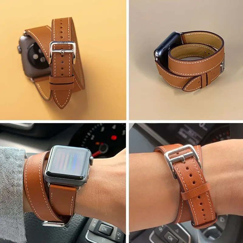 Ремешок из натуральной кожи для Apple watch band 44 мм/40 мм 42 мм/38 мм двойной тур Браслет ремешок для iWatch серии 5 4 3 2 1 40 38