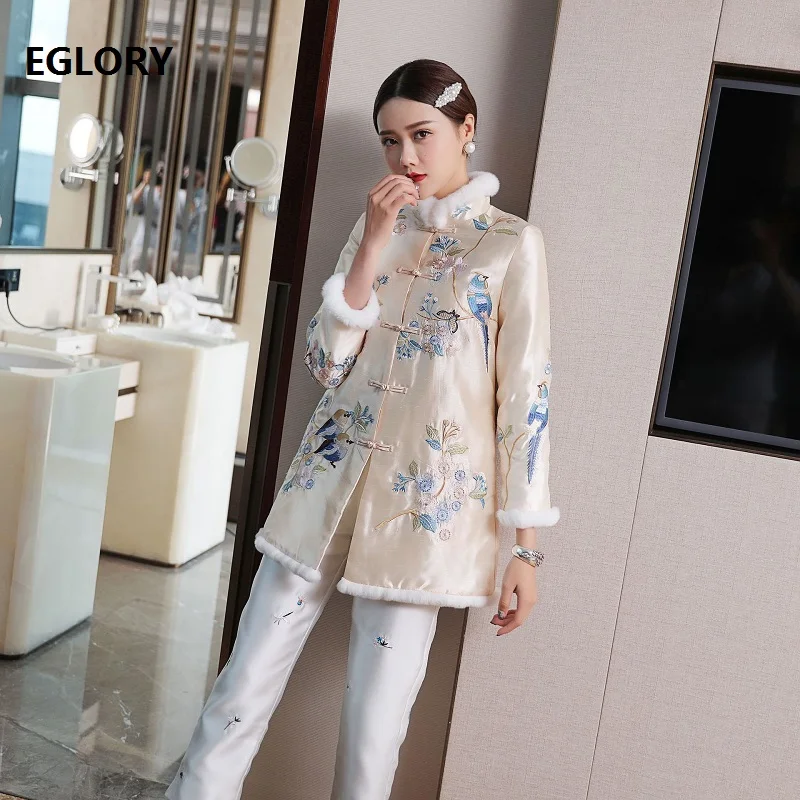 

High Quality Brand 2019 Autumn Winter Outerwear Coats Women Rabbit Hair Patchwork Exquisite Embroidery Coat Female XXL Size