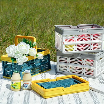 

Foldable basket with handle stable shopping basket plastic plastic folding box foldable large picnic basket for camping car