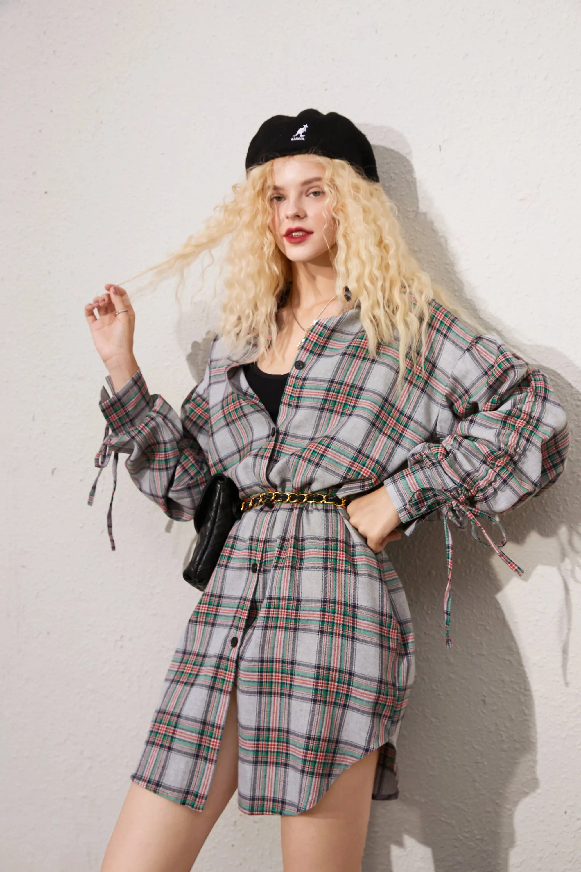 ELFSACK Plaid British High Waist Chiffon Shirt Dress Women,2020 Autumn ELF Vintage Lace Up Korean Ladies Daily Preppy Dresses
