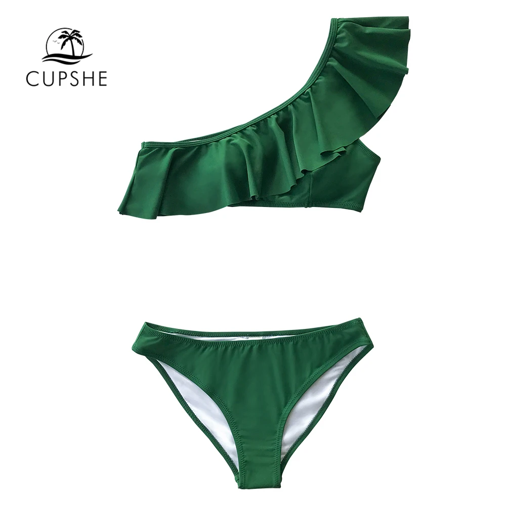 CUPSHE, Одноцветный, зеленый, с оборками, на одно плечо, бикини, наборы, сексуальный, с низкой талией, купальник из двух частей, купальник для женщин,, пляжные купальники