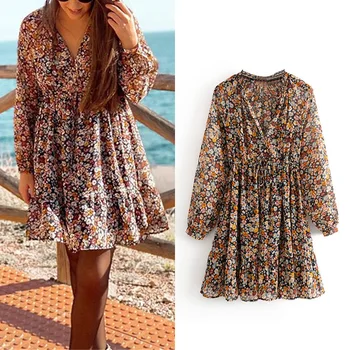 

V-neck print spring summer dress women Elegant long sleeve pleated office work dress ladies dress holiday travel dress