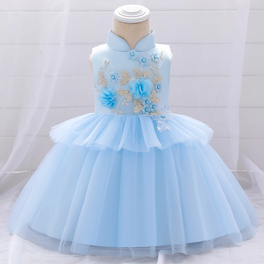 blue Цветочная вышивка, стоячий воротник, китайский стиль, новогоднее праздничное красное платье для девочек, кружевная пачка, одежда праздничное платье принцессы L1915XZ - Цвет: blue