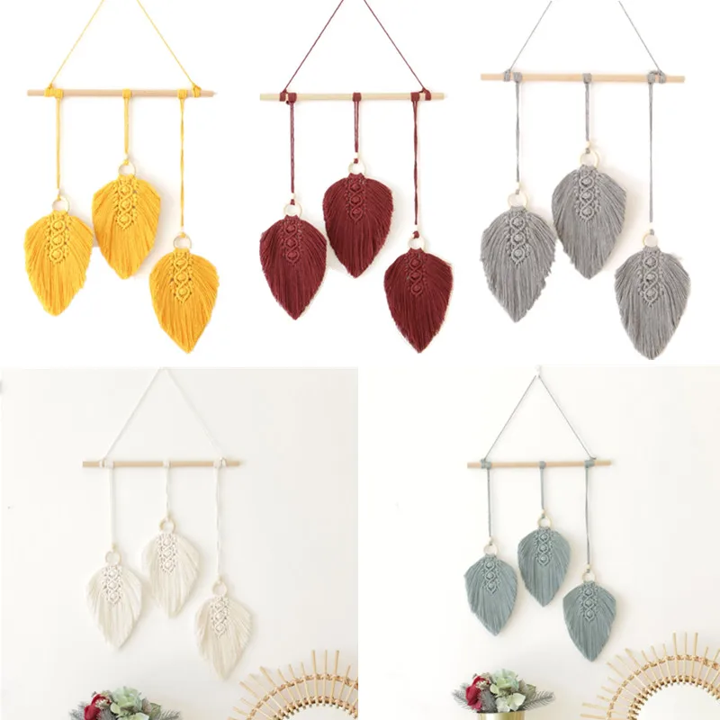 Nordic Style DIY Hand-woven Tassels Leaves Tapestry Nursey Kids Bedroom Decor Wall Hanging Pendant Toy Boho Decor Craft Tapestry