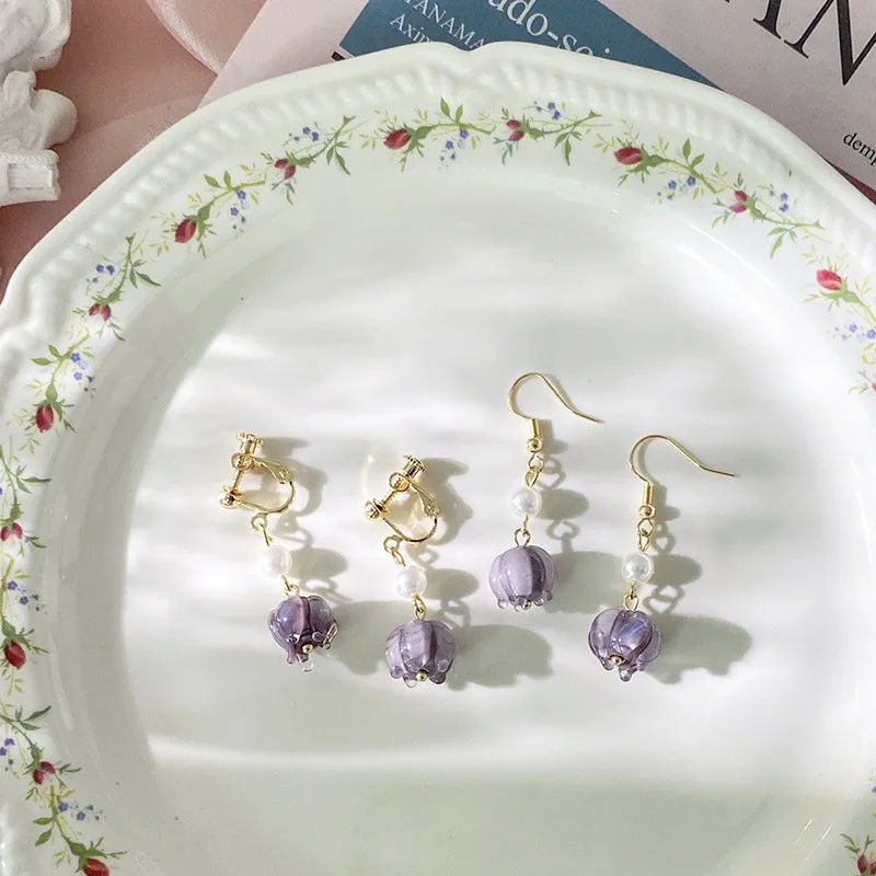 

Purple Glazed Flower Dangle Earrings Baroque Tassels Pearl Long Drop Silver Pin Earrings Ear Clips Woman Wedding Party Jewelry