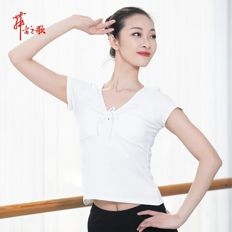 Dancing Dress Short Sleeve Modern Leotards Adult Female Ballet V-neck Chest Bow T-shirt Dance Tops