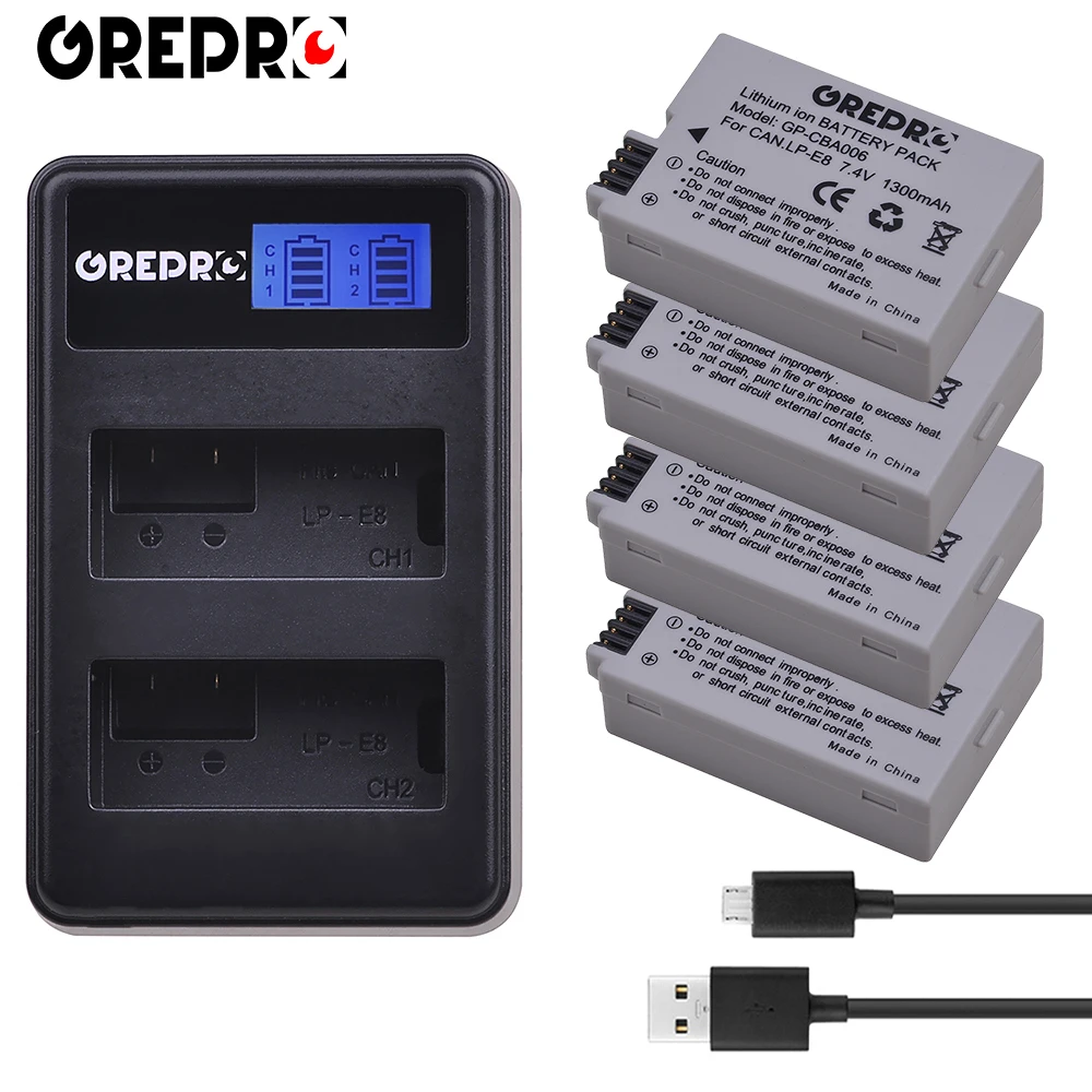 GREPRO LP-E8 LP E8 LPE8 Камера Батарея+ ЖК-дисплей USB Dual Зарядное устройство для цифровой однообъективной зеркальной камеры Canon EOS 550D 600D 650D 700D Rebel X4 X5 X6i X7i T2i T3i - Цвет: 4B with charger