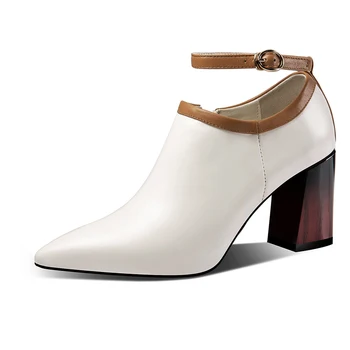 

Women's genuine leather bordered ankle strap thick high heel female comfortable evening pumps OL style bride party dress shoes