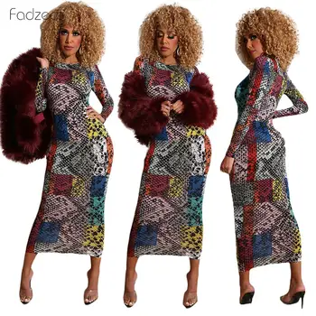 

Women Multi-color Snake Skin Print Long Sleeve Dress Round Neck Slim Long Dress