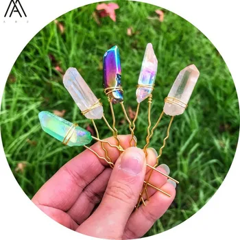 

10PCS Gold Wire Wrapped Rainbow Quartz Point Hair Pins Headband For Women Crystal Hairpins Tiara Hair Accessories HG020AMA.H