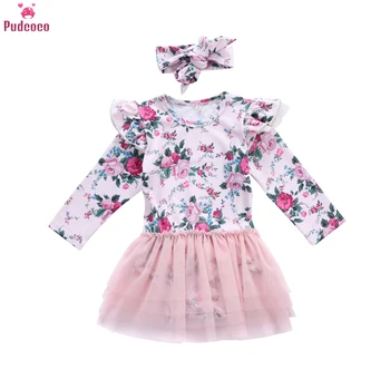 

2 Pieces Newborn Infant Clothes Set Baby Girls Floral Long Sleeve Tutu Lace Princess Dress and Headband Outfits Sets