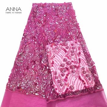 

ANNA Newest African Lace Fabric 2019 High Quality Lace Fabric With Sequins French Tulle Lace Fushcia 5 Yards For Party Dress