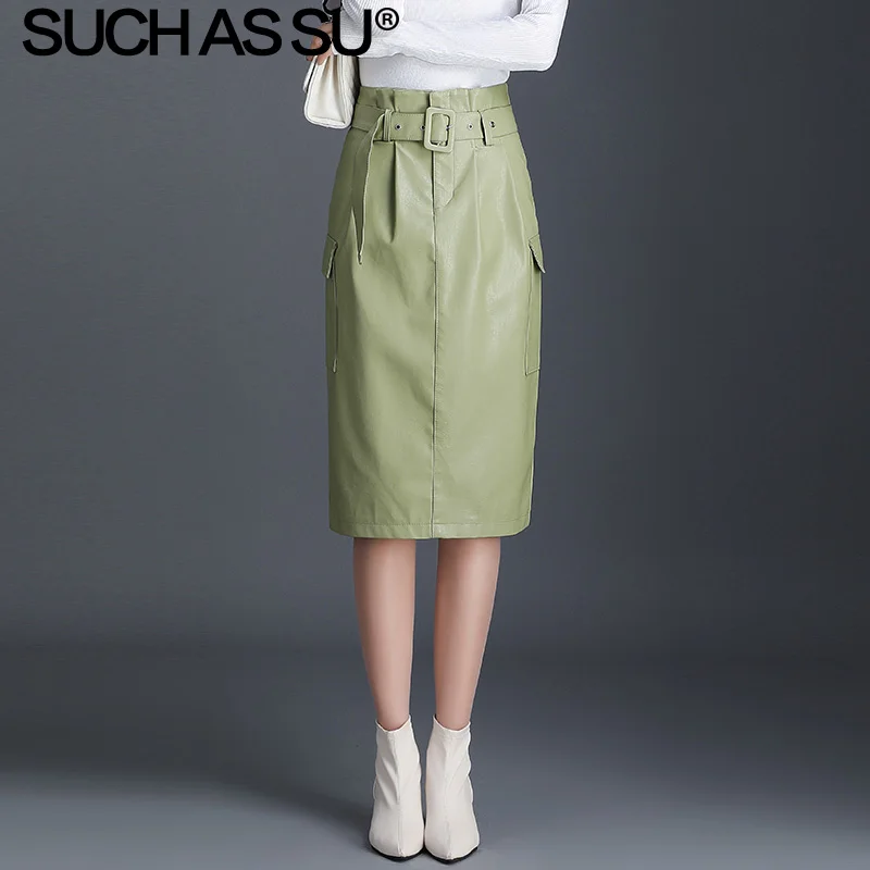 

New Fashion Leather Skirt Women 2019 High Quality Black Green Apricot PU Skirt High Waist Occupation Work Pencil Skirt Female