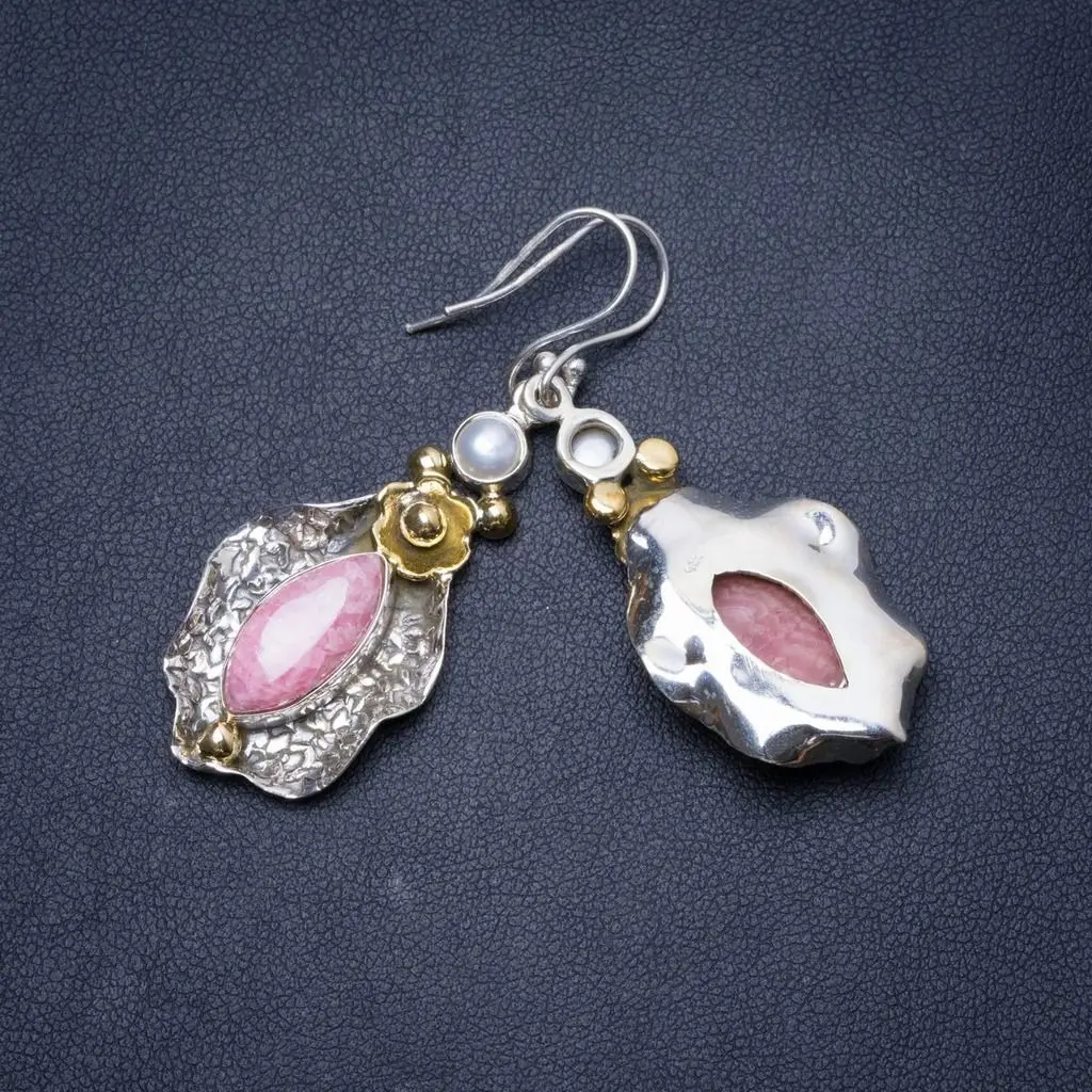 Natural Two Tones Rhodochrosite and River Pearl Handmade Unique 925 Sterling Silver Earrings 2&quot Y1407 | Украшения и