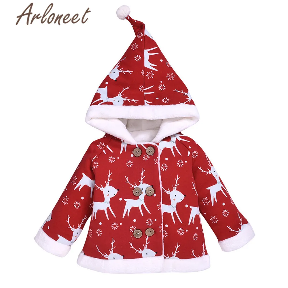 Красный ARLONEET/рождественское пальто с героями мультфильмов; хлопковое пальто для новорожденных мальчиков; куртка с капюшоном и рисунком оленя; Верхняя одежда на пуговицах для девочек; новогодняя Детская верхняя одежда - Цвет: Красный