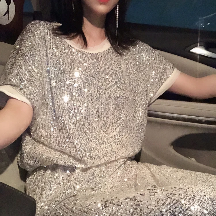 

Sequined 2 Piece Set Women Dress Fashion Loose Sequins Round neck Shirt A Line Mid Calf Skirt Female Dress Suit