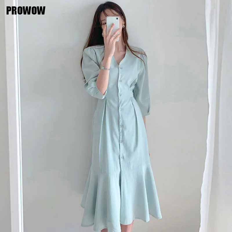 

One-Piece For Female Sundress 2020 Summer V-Neck Single Breasted High Waist Slim Ruffled Fishtail Dress Korean Elegant Dresses