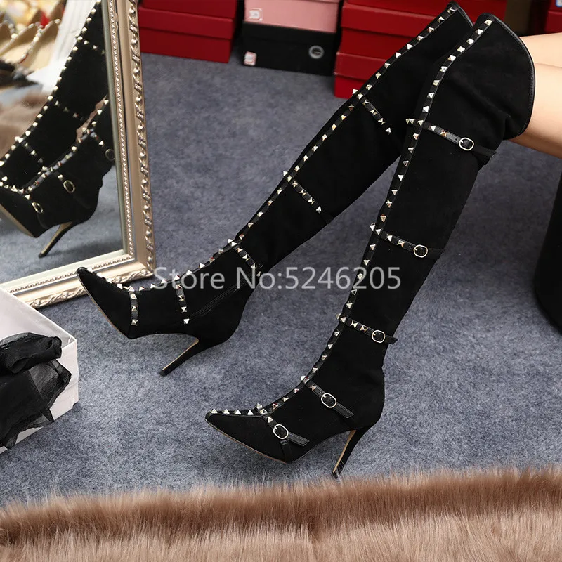 Botines Mujer/высокие сапоги модные женские сапоги до бедра с заклепками и ремешками женская обувь черного цвета с острым носком на высоком каблуке 8/10 см