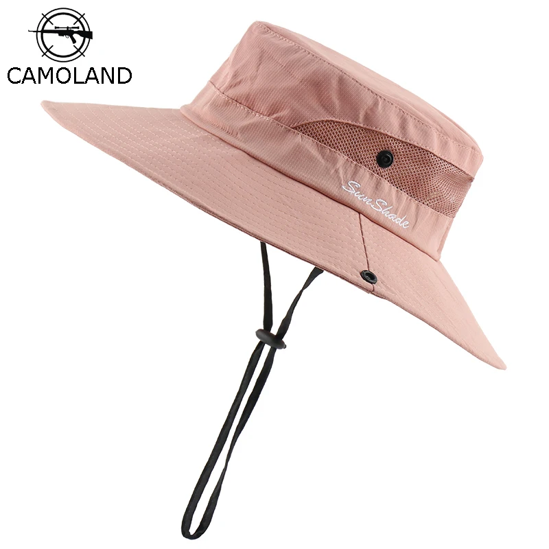 

CAMOLAND Summer Wide Brim Bucket Hat For Women Ponytail Cap Outdoor UV Protection Sun Hat Female Breathable Fishing Hiking Caps